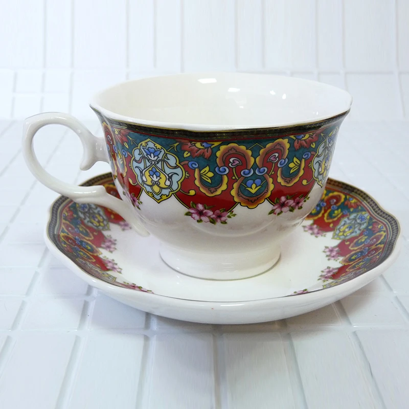 

High quality bone china handmade Tea set Red blue flower painting A set of 2 pieces 220ml Birthday Holiday Gift