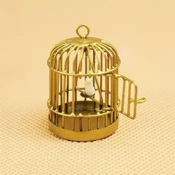 

1:12 Scale Dollhouse Miniature Metal Bird Cage Brass With Sliding Door White Bird On The Swing Metal Play House Golden Birdcage