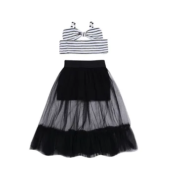

Fashion Baby Girls Striped Crop Tops Tanks + Lace Long Skirts Elegant Princess Evening Party Tutu Tulle Vestidos Casual Outfits