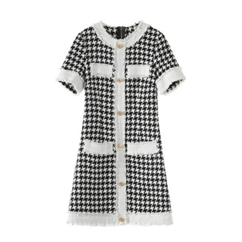 

Elegant Elegant Single Breasted Women Plaid Tweed Dress Runway Gold Buttons Female Party Mini Dresses 2019 Summer Clothes