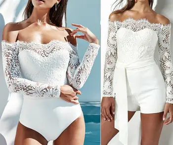 

2019 New Fashion Women's Sexy Backless Off Shoulder Lace Bodycon Ruffles Jumpsuit