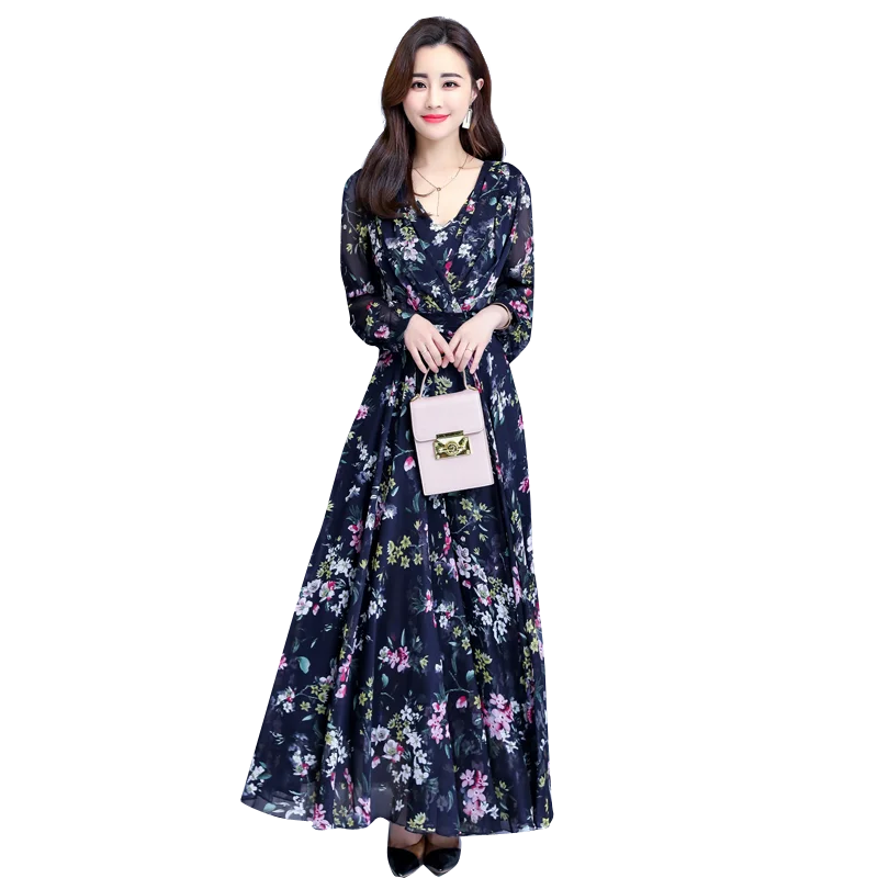 

2019 New Women Long dress Print High Waist Slim Chiffon Big Pendulum Fairy Vacation Dresses Blue Yellow 805