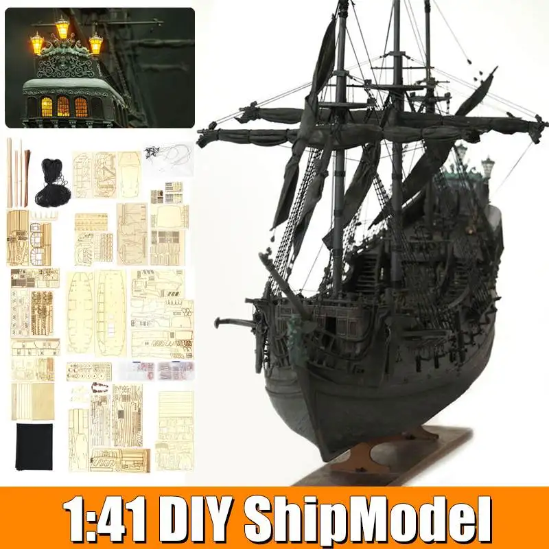 

LABA DIY Handmade Assembly Ship With LED Light 1:41 Scale Wooden Sailing Boat Model Kit Black Pearl Pirate Ship for Children