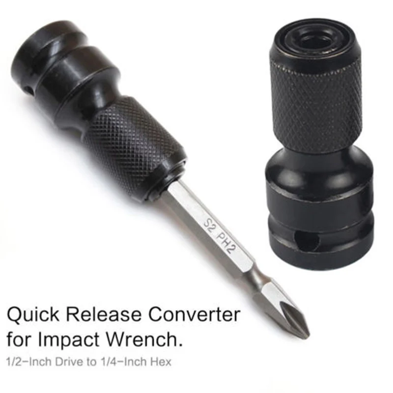

1pc 1/2’’ Drive To 1/4’’ Hex Drill Chuck Converter Black Drill Chuck Converter Socket Adapter For Impact Wrench Accessory Part