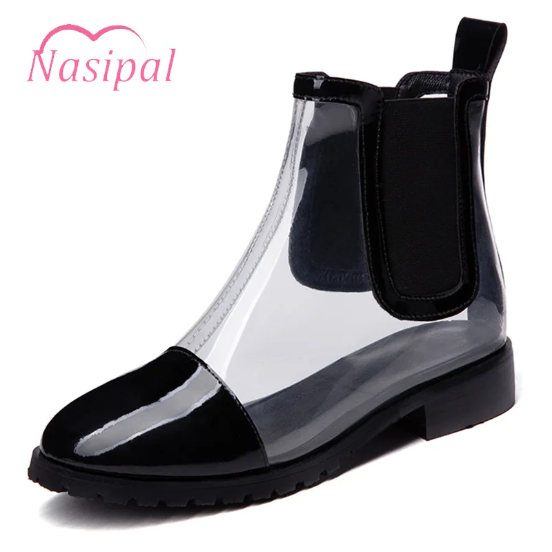 

Nasipal Rain Boots Fashion Low Heels Platform Round Toe Ankle Boots Transparent PVC Casual Female Martin Boots Women Shoes V132