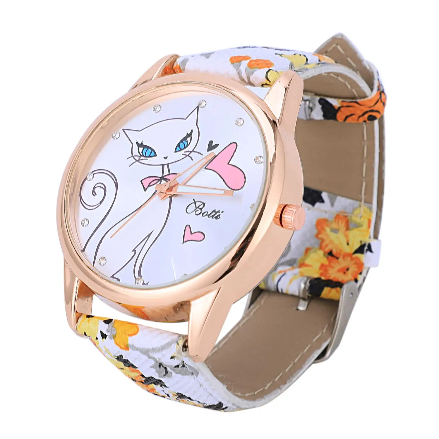 

Women Orange Flower Pattern Band Cat Pattern Dial Quartz Analog Wrist Watch 24cm