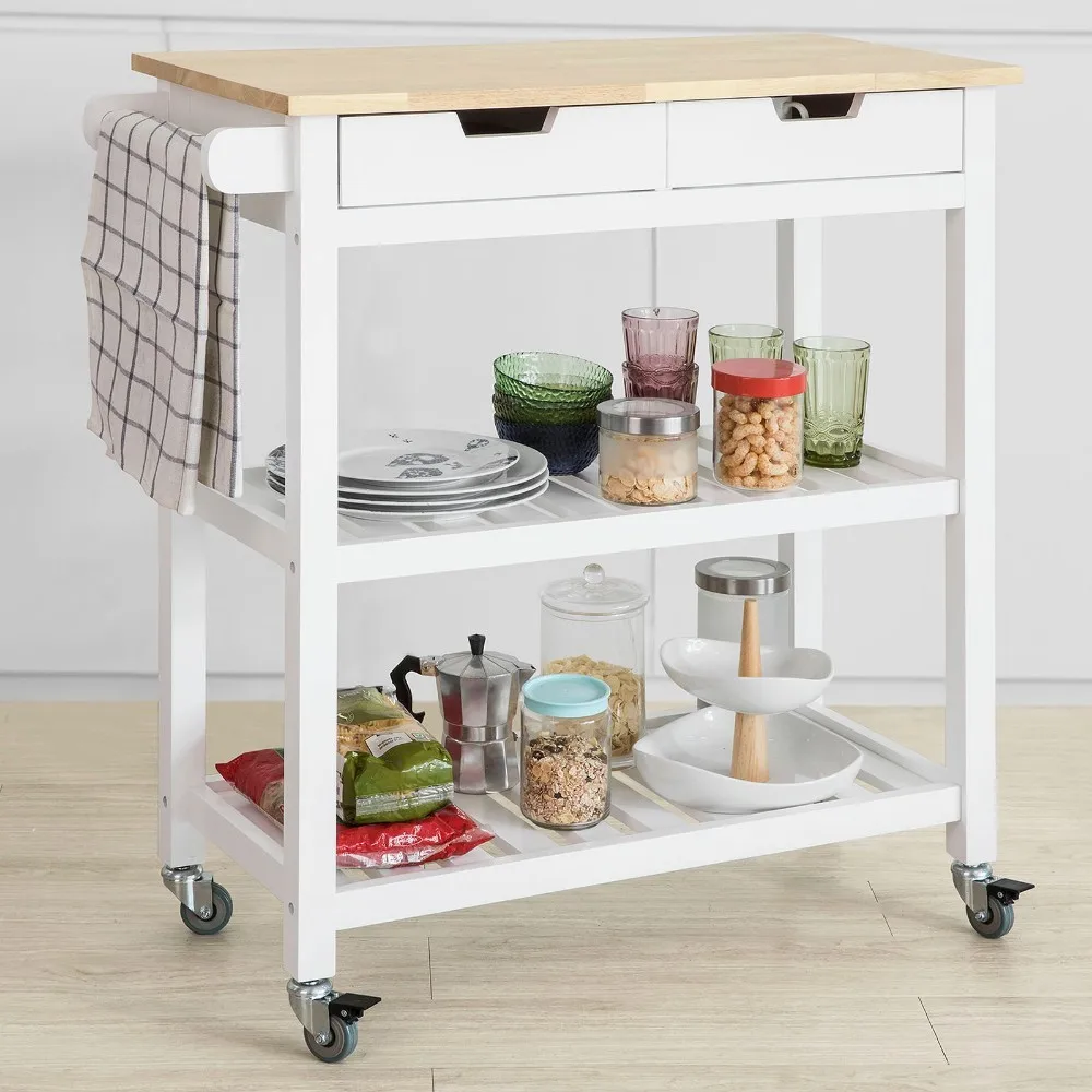  SoBuy FKW68-WN Kitchen Storage Serving Trolley Shelf with Rubber Wood Top 2 Drawers 2 Shelves - 32959753065