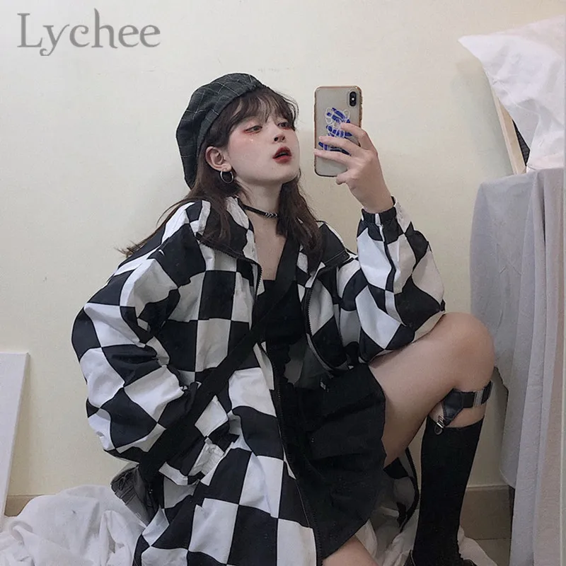 Lychee Harajuku хит цветная клетчатая Женская Солнцезащитная куртка на шнурке с длинным