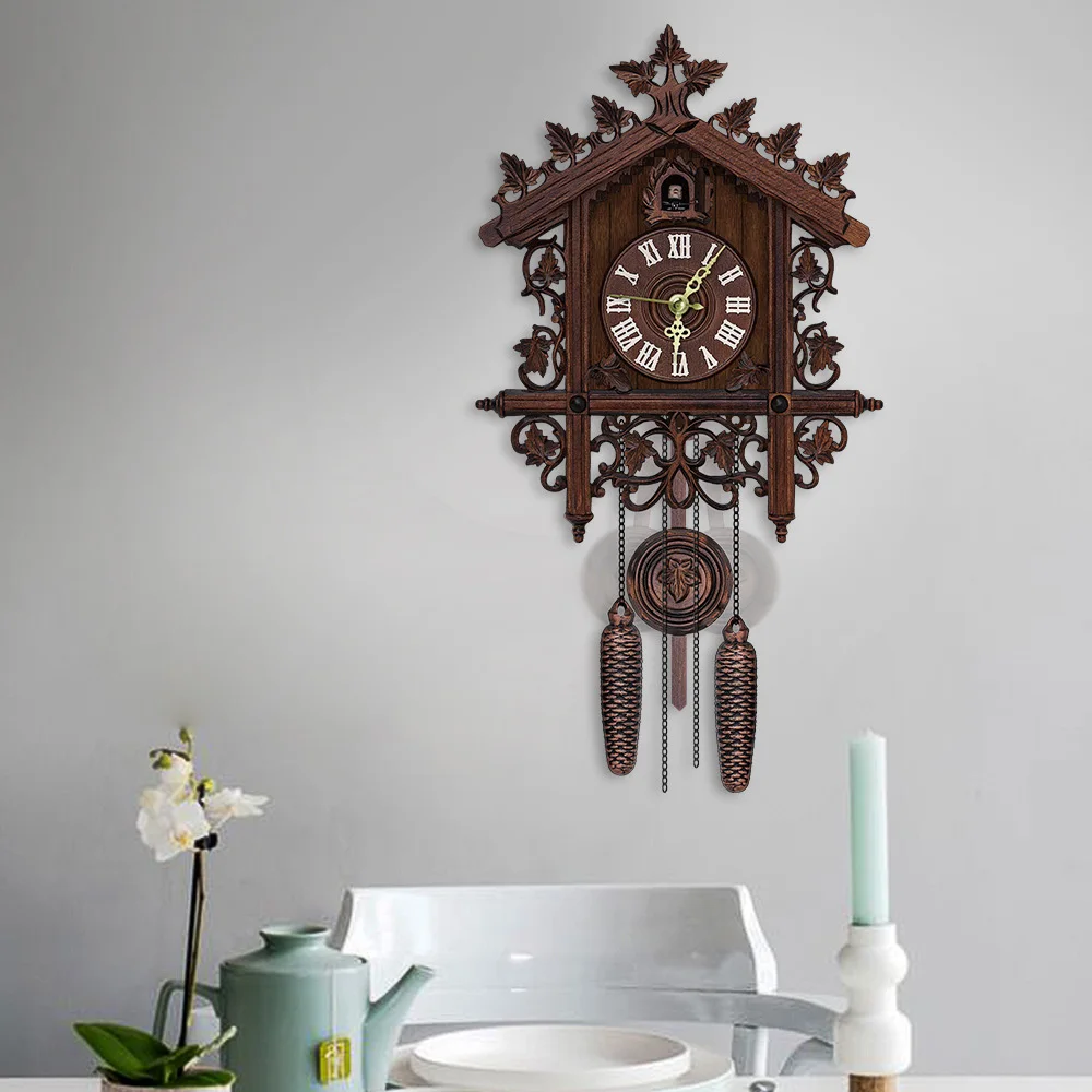 

Vintage Handcraft Wood Cuckoo Clock Tree House Swing Wall Clock Art Home Decor study bedroom office hotel decoration brown