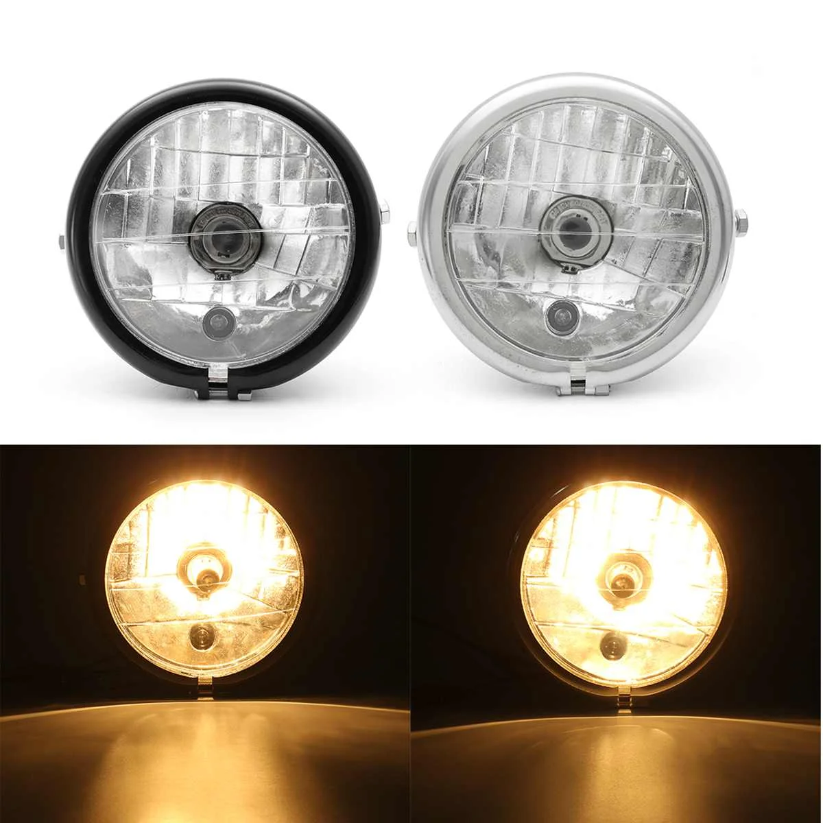 

Chorme Motorcycle Retro Headlight H4 Hi/Lo Beam Vintage Head Lamp Metal For Harley Cruise Silver Black