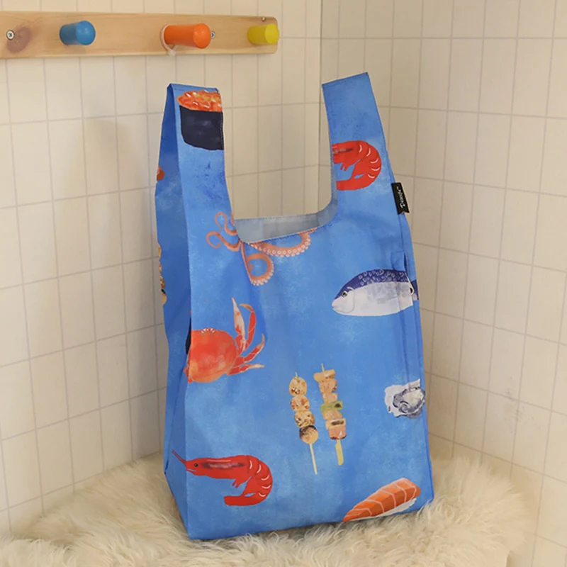 

[Super Seabob] 2019 Spring Woman Blue Color Print Pattern Foldable Double Handles Portable Shopping Bag Handbag All Match LI753