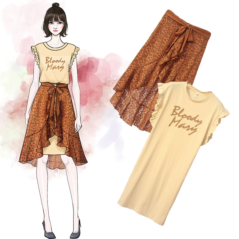 

plus size women suit 2019 summer new short sleeve letter print long t shirt set + fashion irregular lace skirt suit female