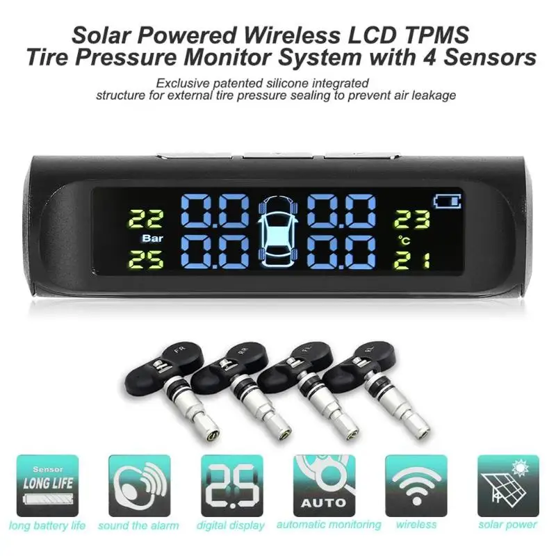 Солнечный ЖК-дисплей автомобиля TPMS Голосовая сигнализация авто датчик давления в шинах Система мониторинга шин с 4 датчиками s