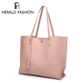 

Herald Fashion Women's Soft Leather Handbag High Quality Women Shoulder Bag Luxury Brand Tassel Bucket Bag Casual Tote Bags Sac