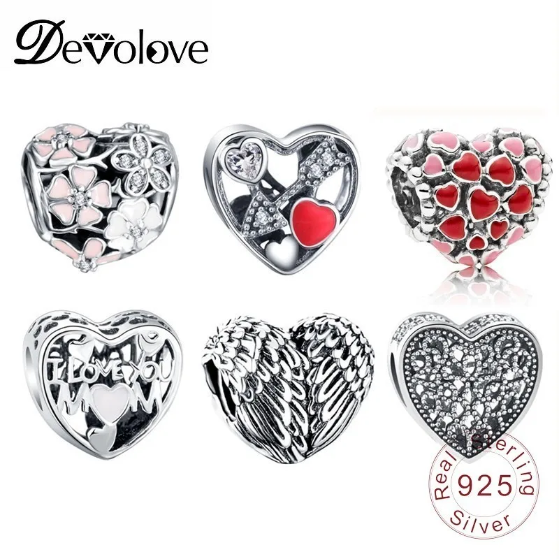 

Devolove 100% Sterling Silver Heart Shape Charm Beads Fit Original Pandora Bracelet DIY Jewelry Accessories Valentine's Day Gift