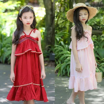 

Summer Flower Teenage Girl Dress Kids Party Princess Clothes Sleeveless Long Dresses Red Pink 2019 New Size 10 12 14 8 6 4