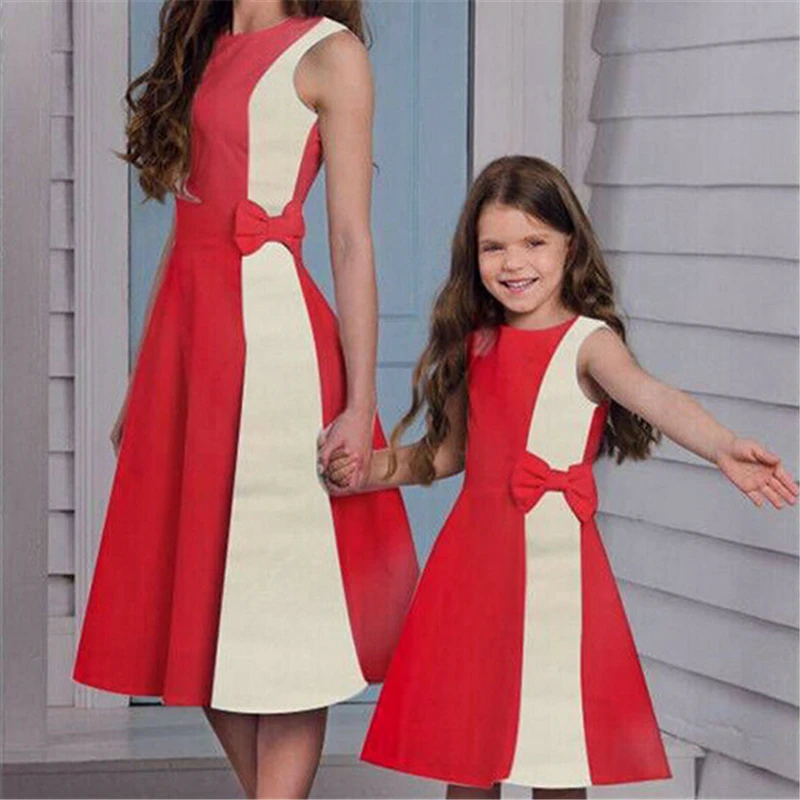 

Fashion Mom And Daughter Dress Summer Family Look Mother Daughter Dresses Sleeveless Party Dress Casual Bow Girls Ladies Dresses