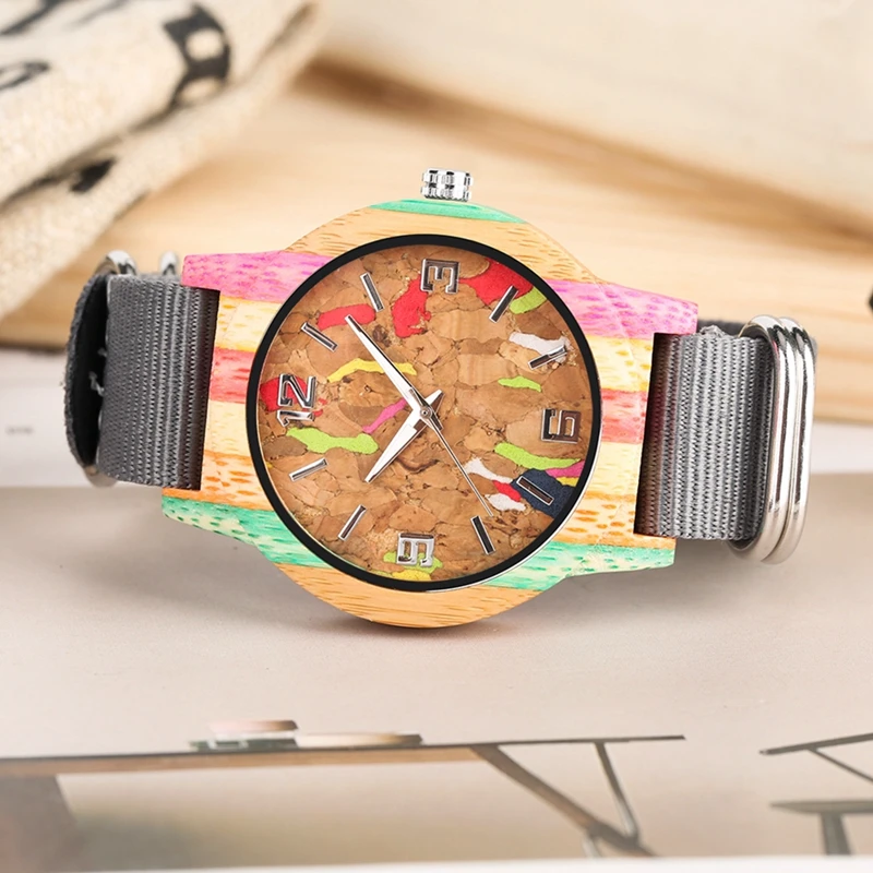 Creative Cork Slag Striped Colorful Wood Watch Men s Luminous Hands Clock Ladies Dress Nylon Band 5