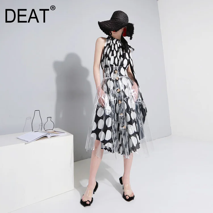 

[DEAT] 2019 Spring New Fashion Personality High Waist Button Transparent Asymmetrical Skirt Double Pockets Women YC417