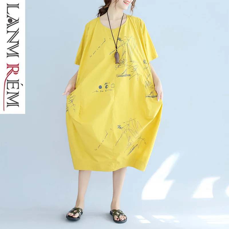

LANMREM 2019 Summer New Pattern Loose Casual Irregular Printing Dress Round Collar Short Sleeve Large Size Cloth For Women YH167