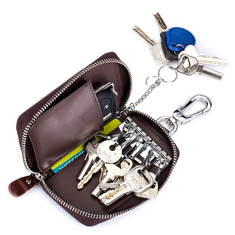

Genuine Leather Key Wallet Women Keychain Cover Zipper Key Case Bag Men Key Holder Housekeeper Key Organizer 8 Key Rings