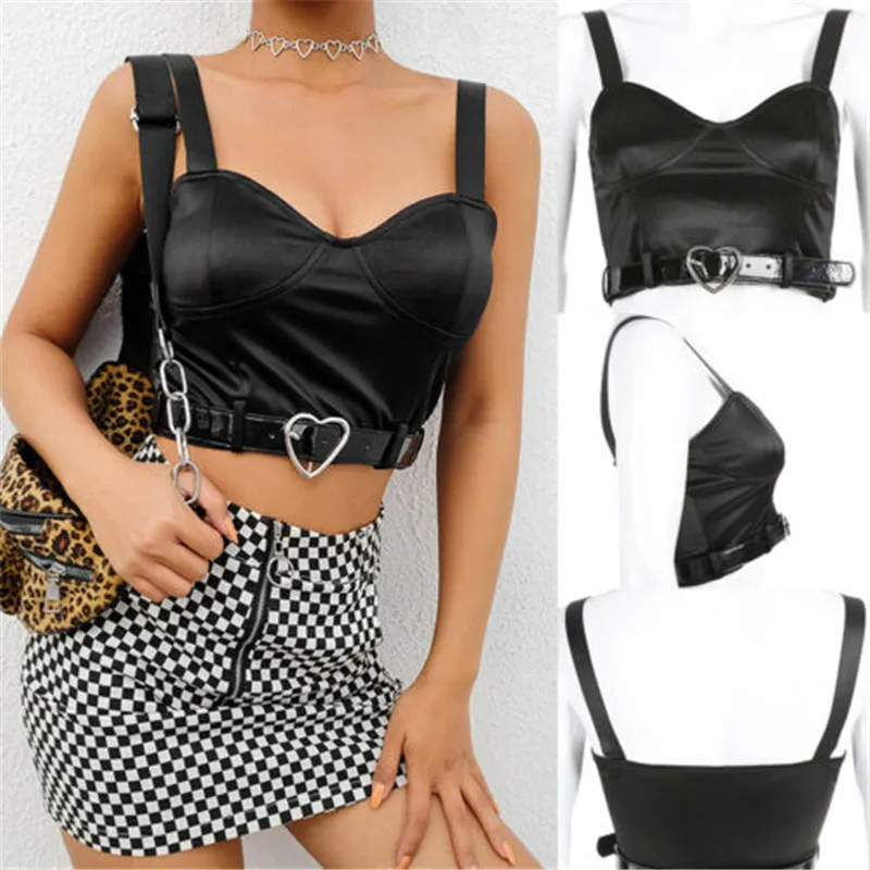 

Black Halter PU With Belt Crop Top Backless Summer Beach Chic Party Bralette Cropped Sexy Women Tank Tops Ladies Camisole