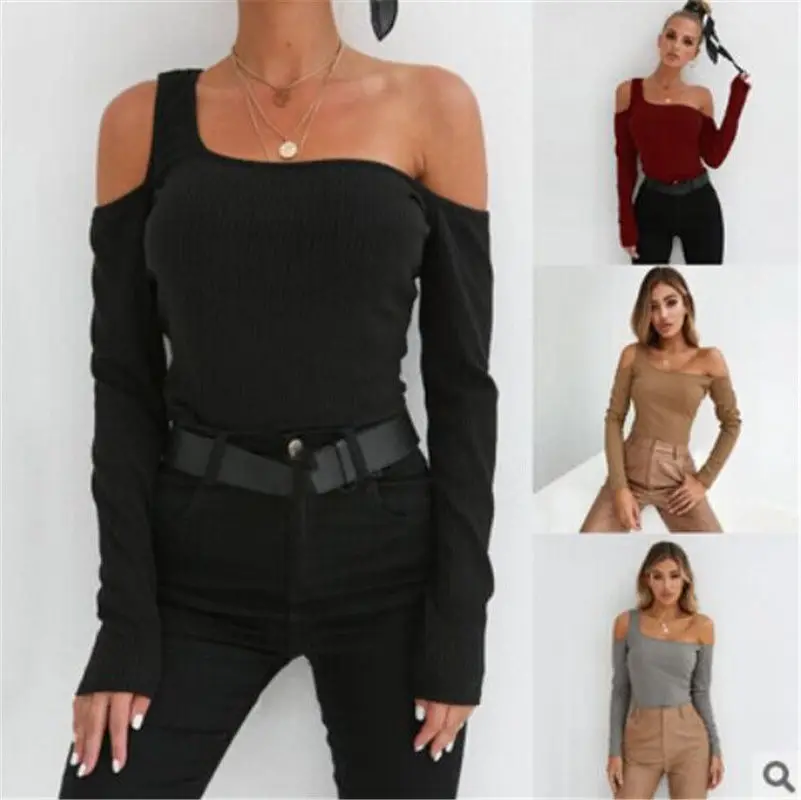 

Women Casual Tops Ladies Longsleeve One Shoulder Autumn Bodycon Slim T-Shirt Solid Clothes