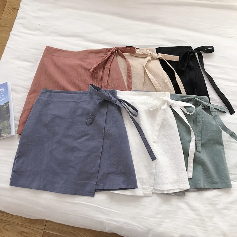 

2019 Summer Women Cotton Linen Skirt Wrap Skirt For Women High Waist Mini Skirts Spodnice Damskie