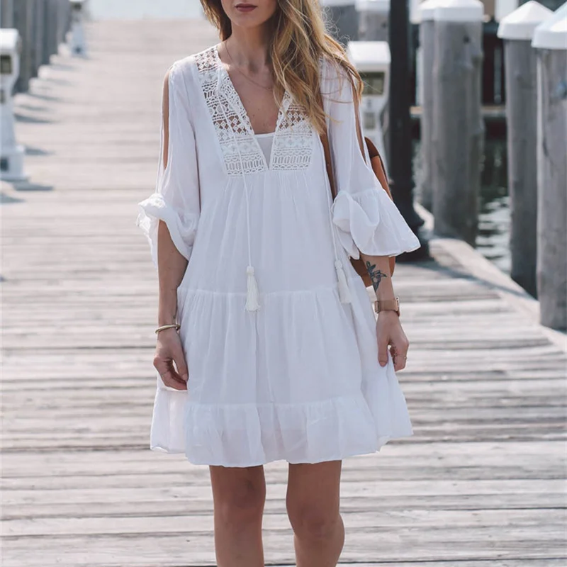 

Ruffle Cotton Beach Wear Cover Up Women 2019White Lace Hollow Bikini Cover-Ups Swimwear Summer Beach Dress Tunic Beachwear Pareo