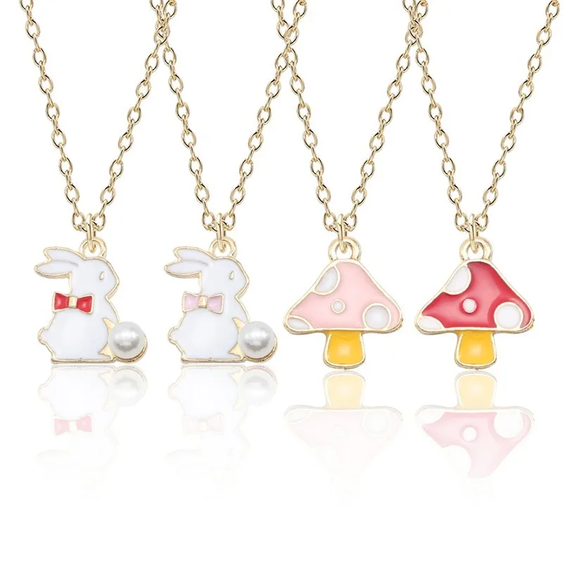 

Cartoon Tiny Mushroom Rabbit Pendant Necklace Women Gold Metal Enamel Colorful Pearl Fungus Bunny Necklace Animal Jewelry Collar