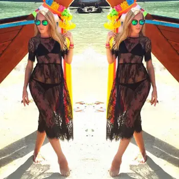 

S Womens Sexy Lace Bathing Suit Cover Up Beach Long Blouse
