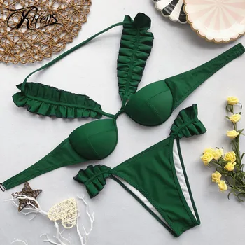 

Urifens Biquini 2019 Green Ruffles Brazilian Bikini Push Up Sexy Halter Swimwear Women Two Pieces Bathing Swimsuit LKN15