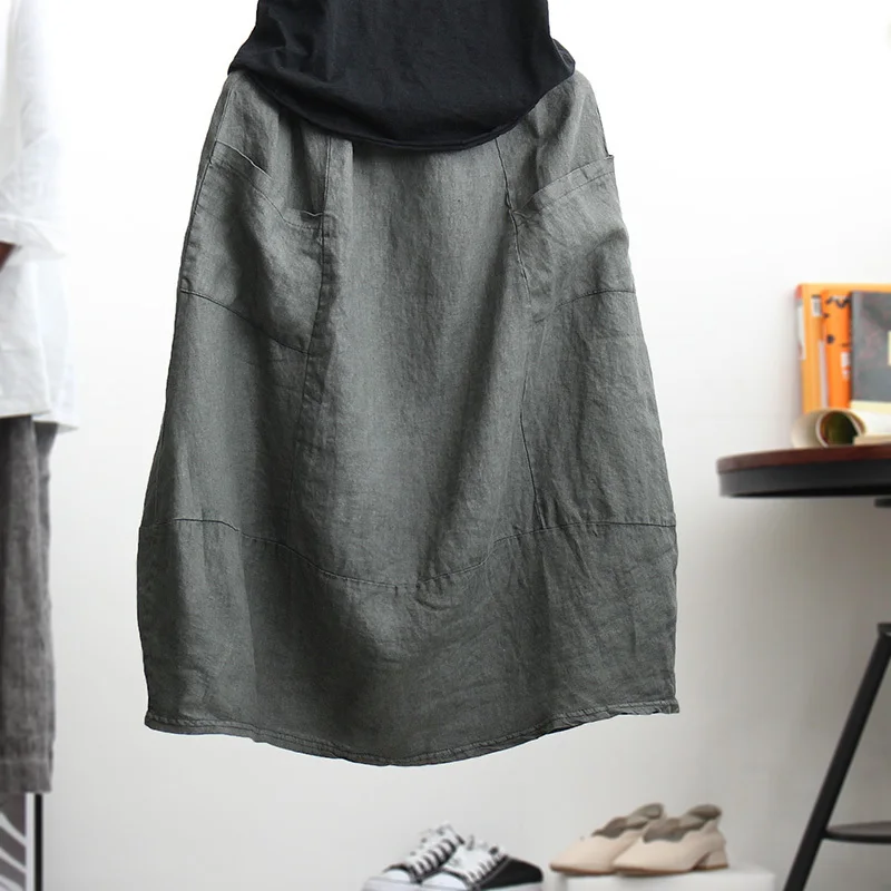 

Summer 2019 Easy Women Elastic Waist Pockets Solid Loose Casual Long Skirts Vintage Work Party Cotton Linen Skirts Jupe