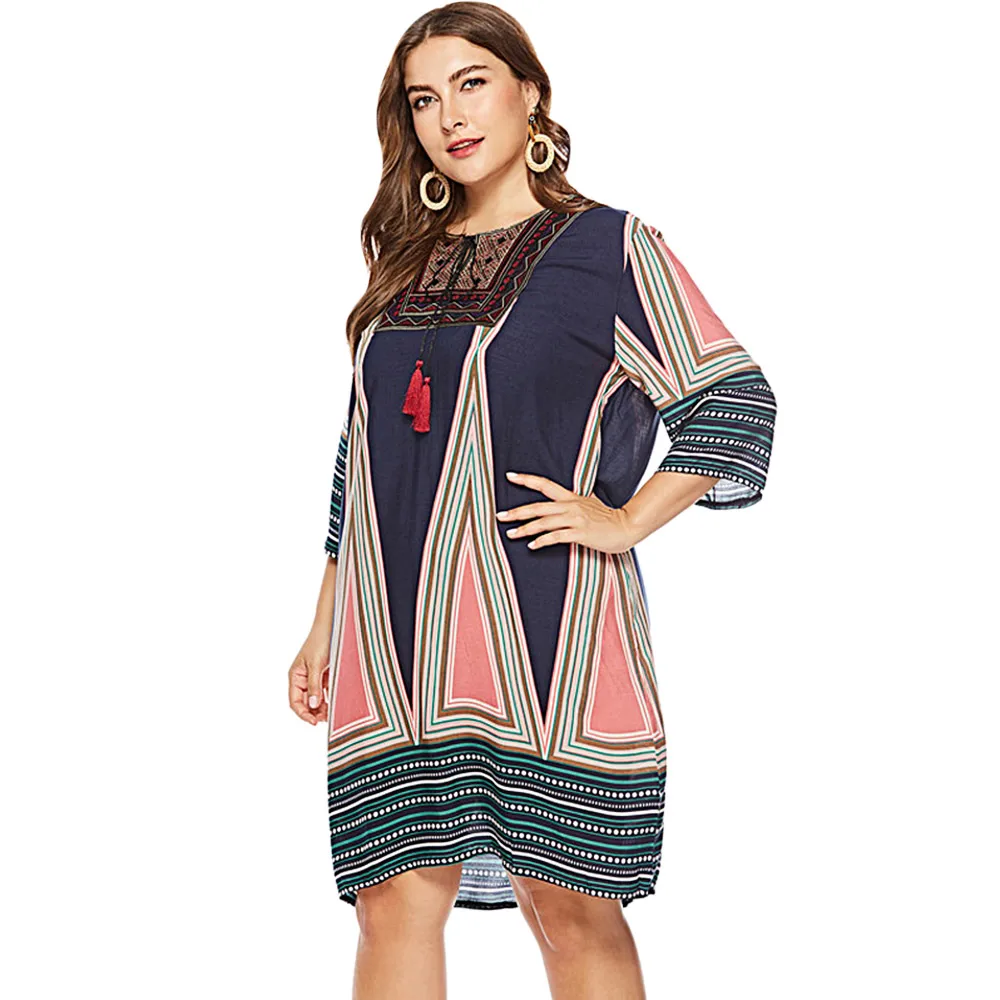 2018 Plus Size New Fashion Women Dresses Geometric Pattern Tied Fringe Shift Dress | Женская одежда