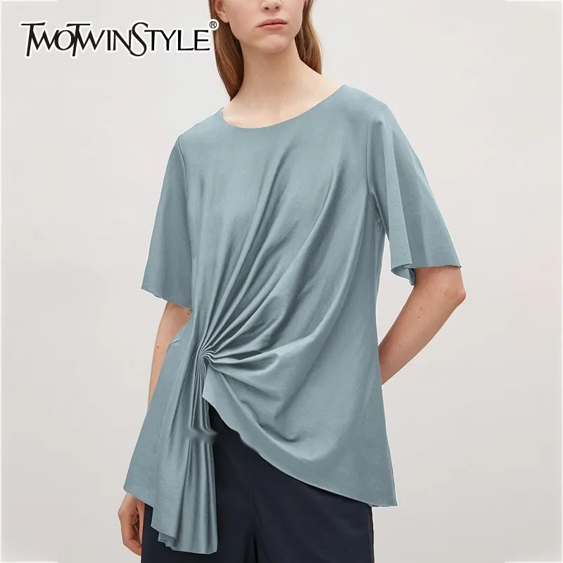 

TWOTWINSTYLE Ruched Irregular T-shirt Women Short Sleeve O Neck Tops Female Korean Clothes Casual Fashion 2019 Summer Big Size