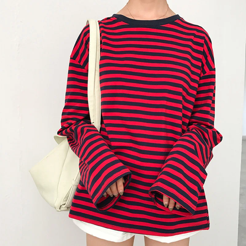 

New Vintage Stripe Tops Tee Women Loose Casual Harajuku Striped Long Sleeve T-Shirts Female 2019 Spring Outfit Fashion