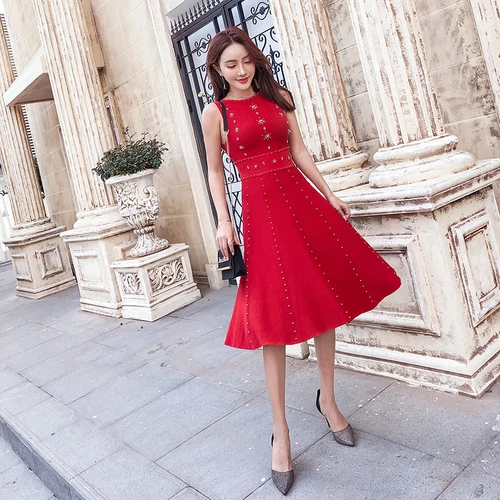 

2019 spring and summer new ladies elegant sexy party women dress vestidos beaded sleeveless knit dres