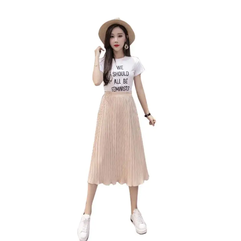 

Summer Chiffon Skirt Solid Color Simple Fashion Wild Pleated Skirt One Size Elasticated Waistband Loose Breathable Elegant Skirt
