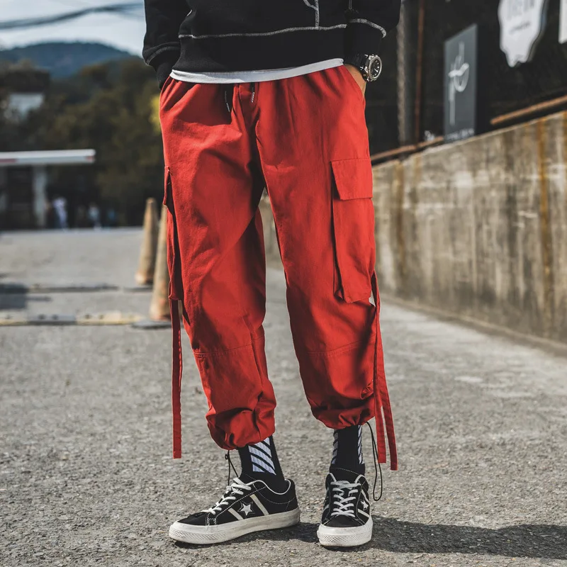 #2505 Cargo Pants Men Hip Hop 5XL Plus Size Loose Red Black Grey Side Pockets Ribbons Joggers Mens Cargo Trousers Streetwear