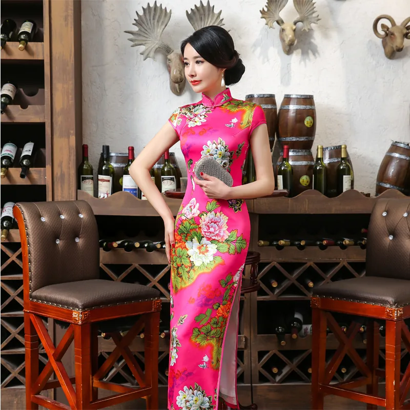 

SHENG COCO Ladies Vestidos Elegantes Cheongsam Long Vintage Chinese Dresses Satin Qipao Restore Ancient Rose Red Wholesale