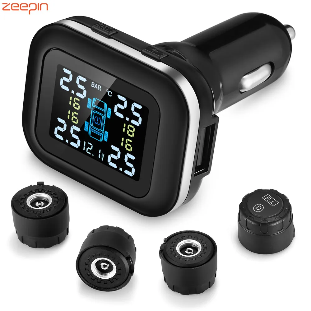 

ZEEPIN C110 Tire Pressure Monitoring System Cigarette Lighter Plug TPMS Angle-adjustable Display 4 External Sensors