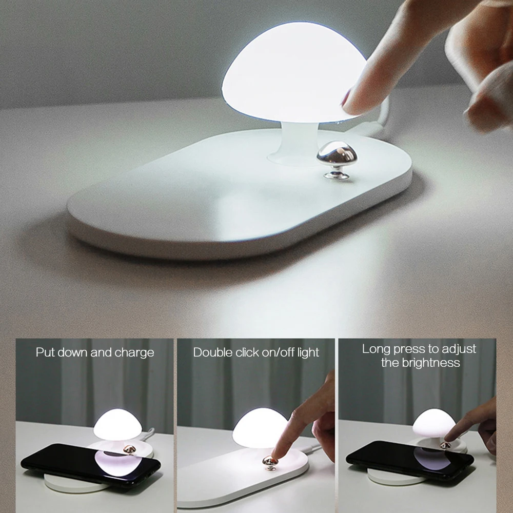 

Mushroom LED Night Light with Mobile phone Wireless Charger Atmosphere Push Button Switch Dimmable Home Decor Bedside USB Lamp