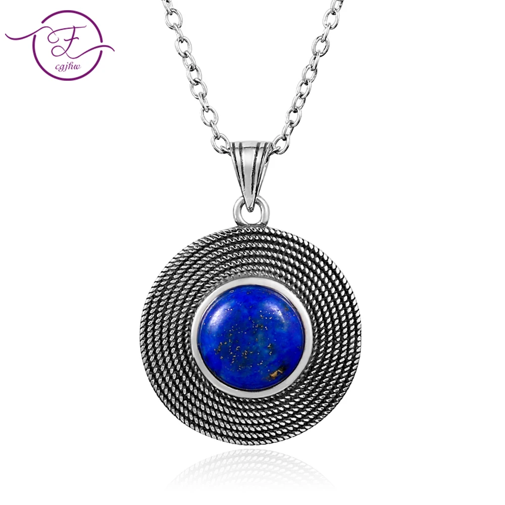 

2019 new listing S925 sterling silver retro round blue lapis lazuli pendant necklace ladies handmade beautiful jewelry gifts who