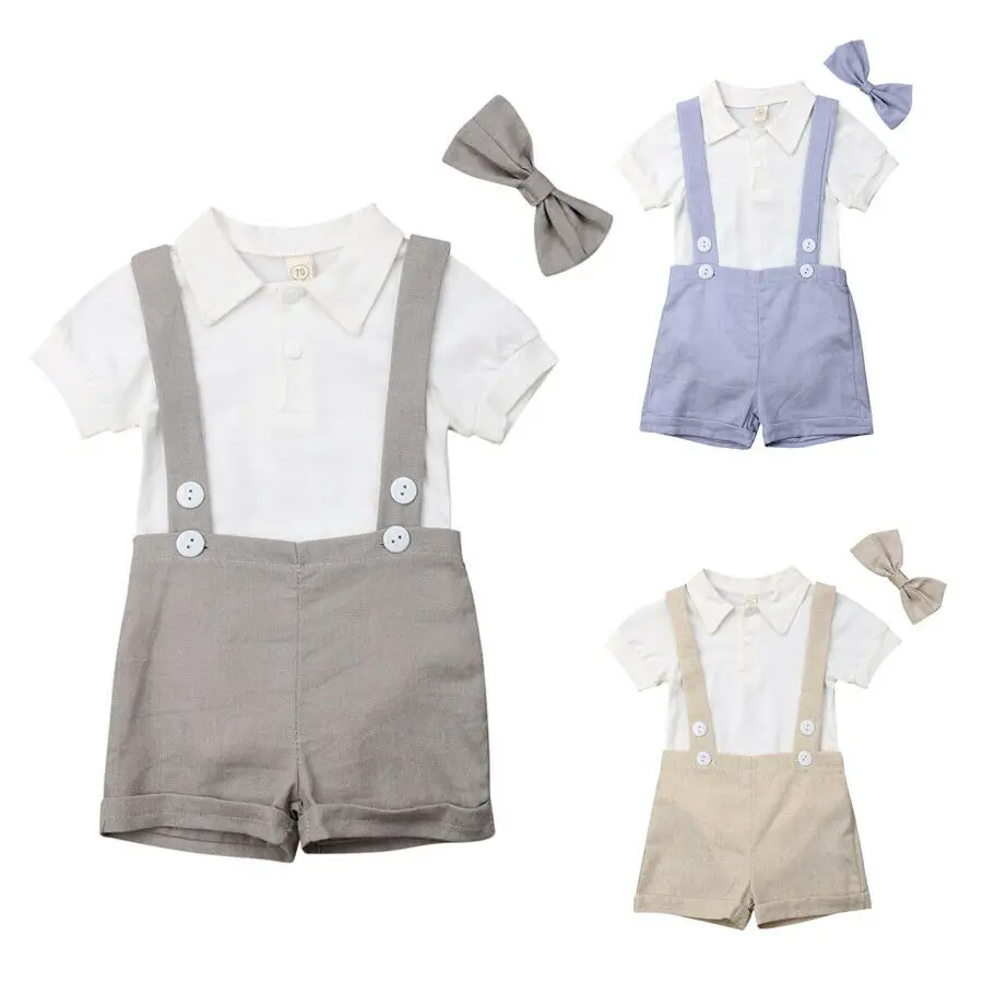 

3PCS Set Little Gentleman Newborn Baby Boy Short Sleeve Bodysuit Tops Overall Suspender Shorts Bowtie Summer Clothing Set
