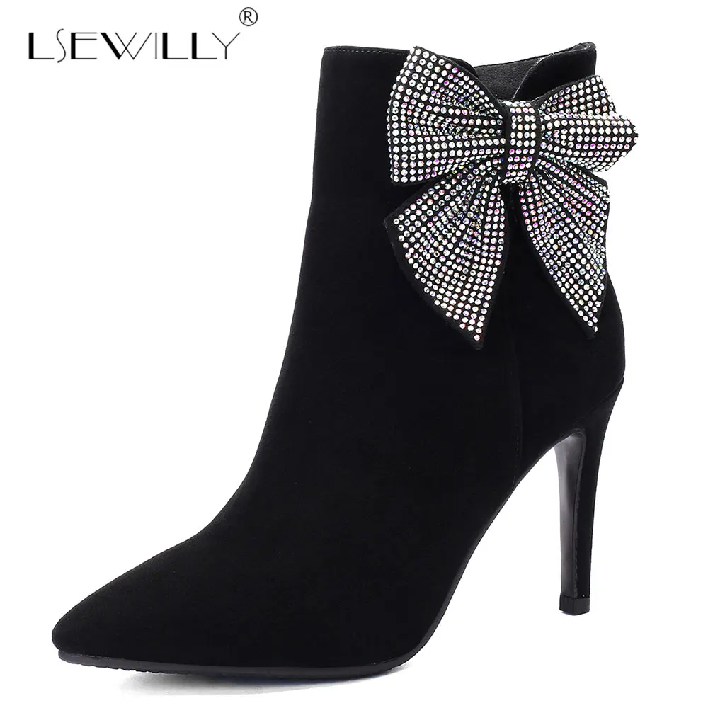 

Lsewilly women shoes 2019 new fashion sexy kid suede pointed toe high thin heels zipper bowties winter warm party ankle boots