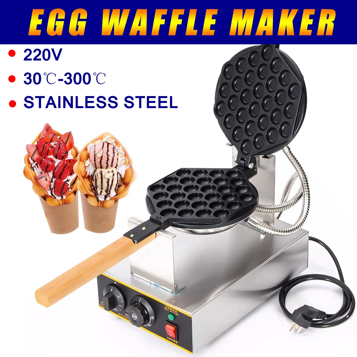 

Warmtoo 220V 1.3Kw Electric Egg Cake Machine Egg Pancake Machine Oven Waffle Maker Machine Stainless Steel