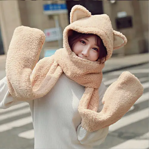 

Plush Cartoon Animal Winter Hooded Hat Beanie Cap Long Scarf Mittens Gloves USA