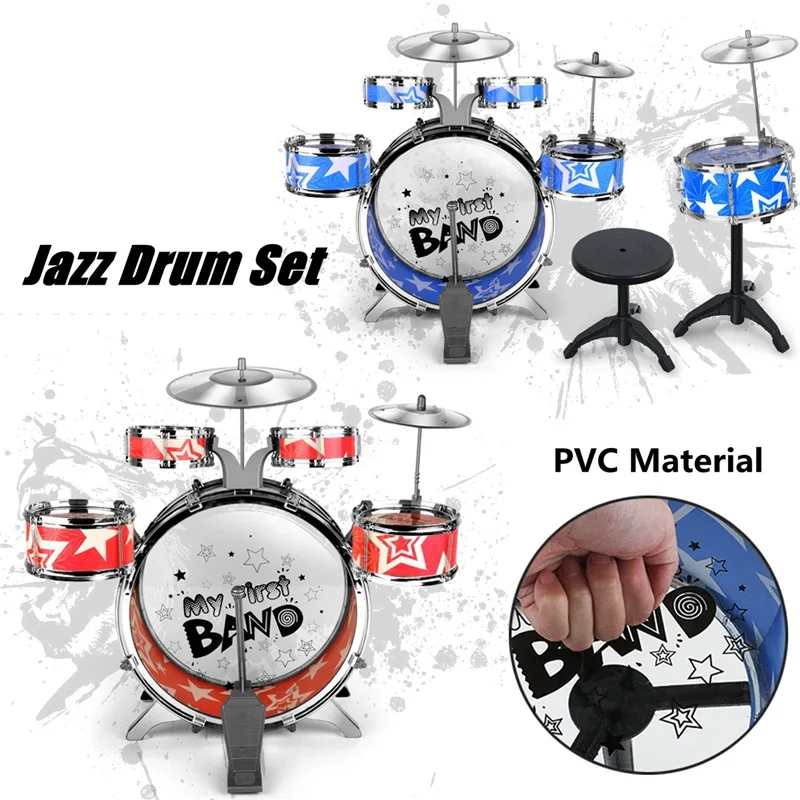 

Plastic Metal Kids Junior Drum Kit Music Set Drums Kit Percussion Musical Instrument Six drum Belt Stool Red Blue
