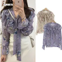 2019 милые кофты с галстуком-бабочкой Лидер продаж Для женщин корейский стиль лук блузки рубашки женские Девушки Фиолетовый Цветочный