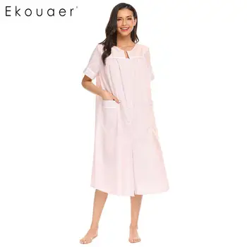 

Ekouaer Long Nightgown Women Sleepwear Dress Short Sleeve Button Pockets Striped Loose Nightdress Female Nighties Sleepshirts